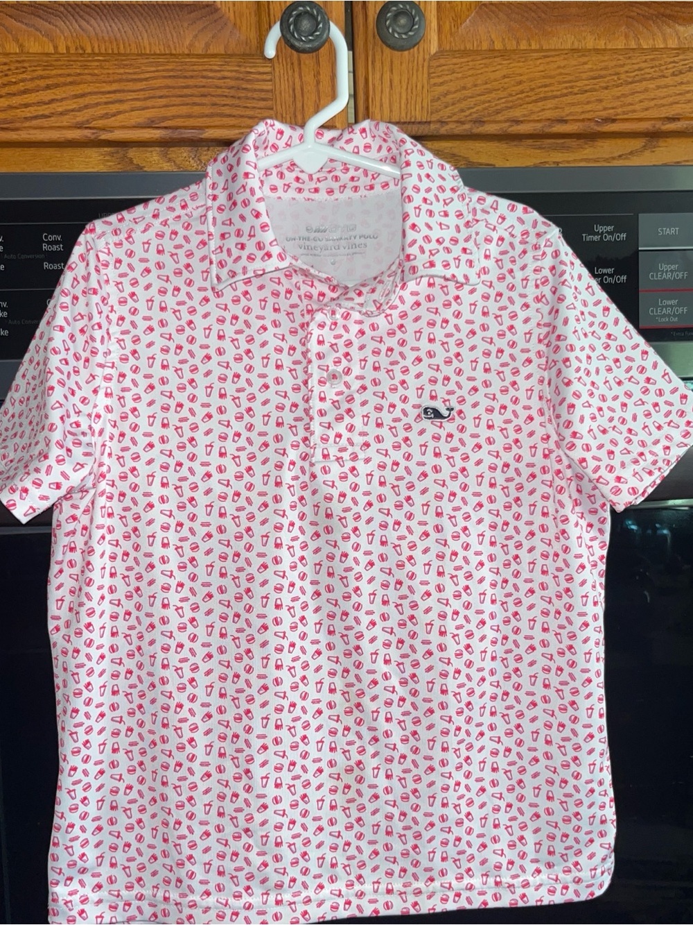 Vineyard Vines White Polo with Pink Micro Print All-Over Burgers Fries Drinks